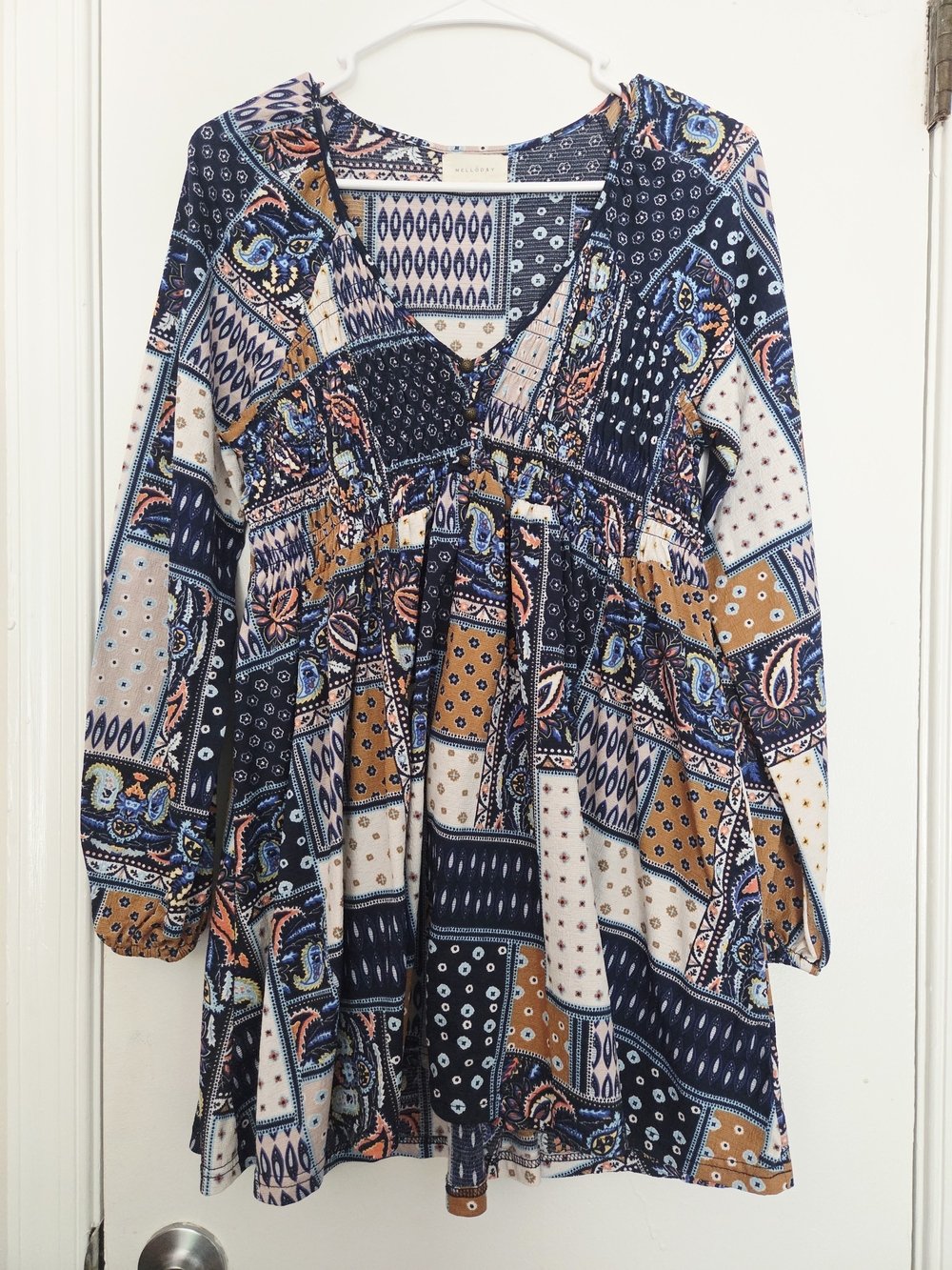 Melloday Boho Patchwork Paisley V-Neck Babydoll Dress Tunic Size M
